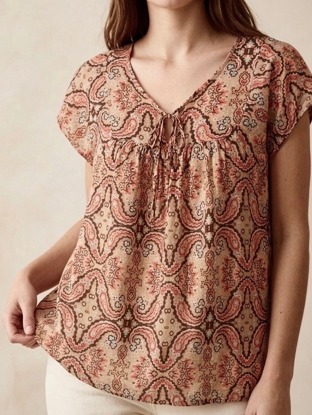 Boho Paisley Keyhole Tie Neck Cap Sleeves Blouse Top Size L